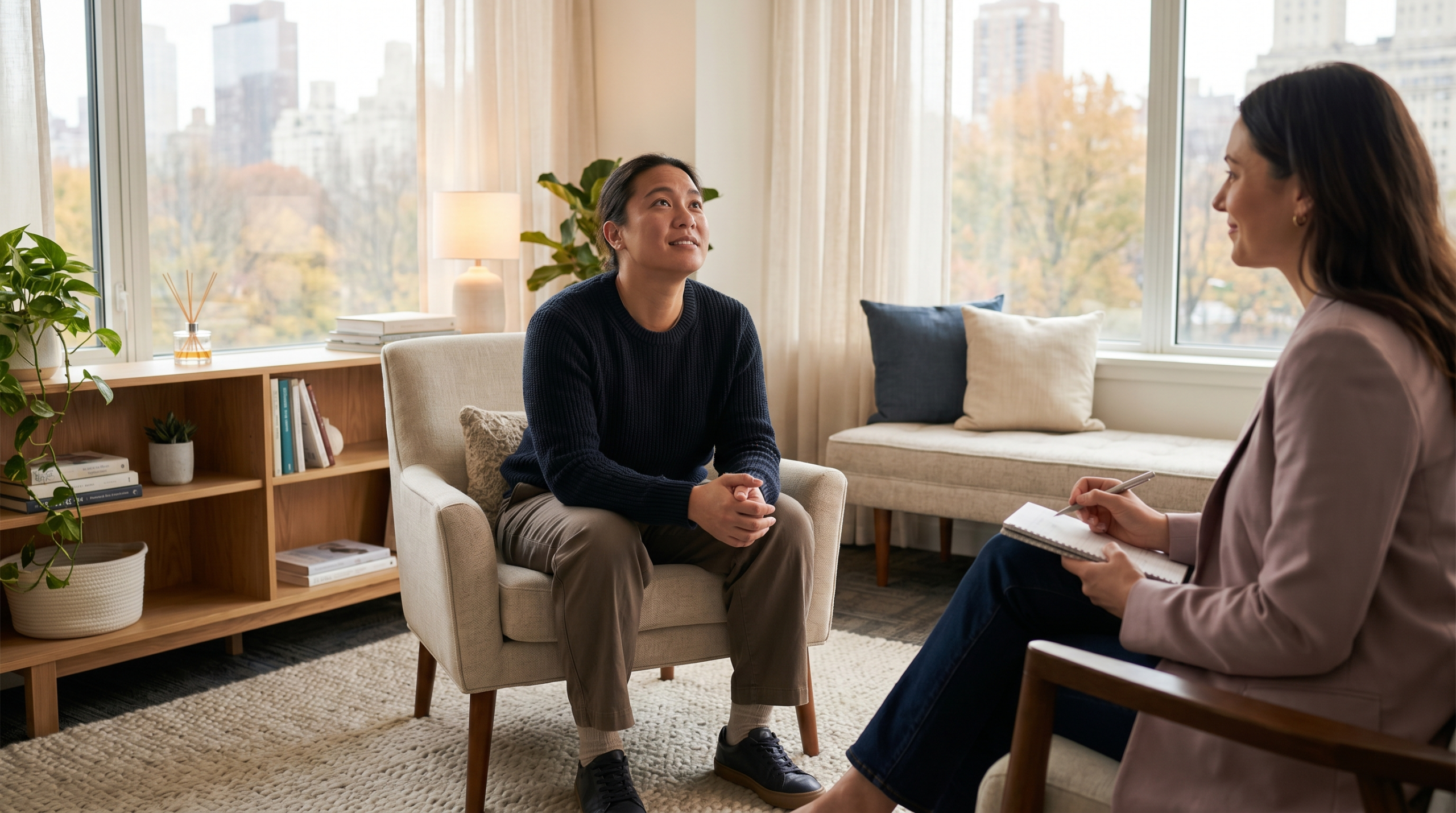 Client speaking with a therapist in a warm, sunlit therapy room.