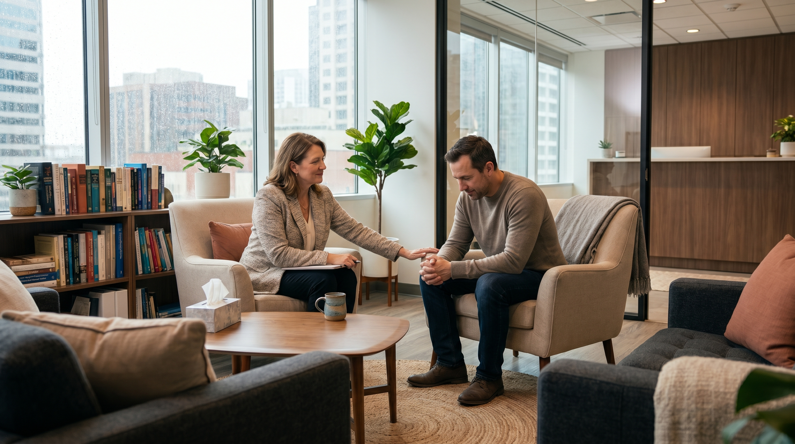 Therapist comforting a man during a session in a modern clinic office.