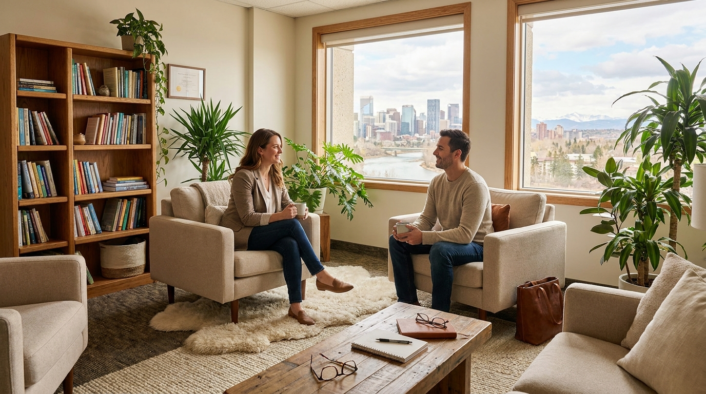 Therapist and client talking in a bright counselling office with Calgary skyline views.
