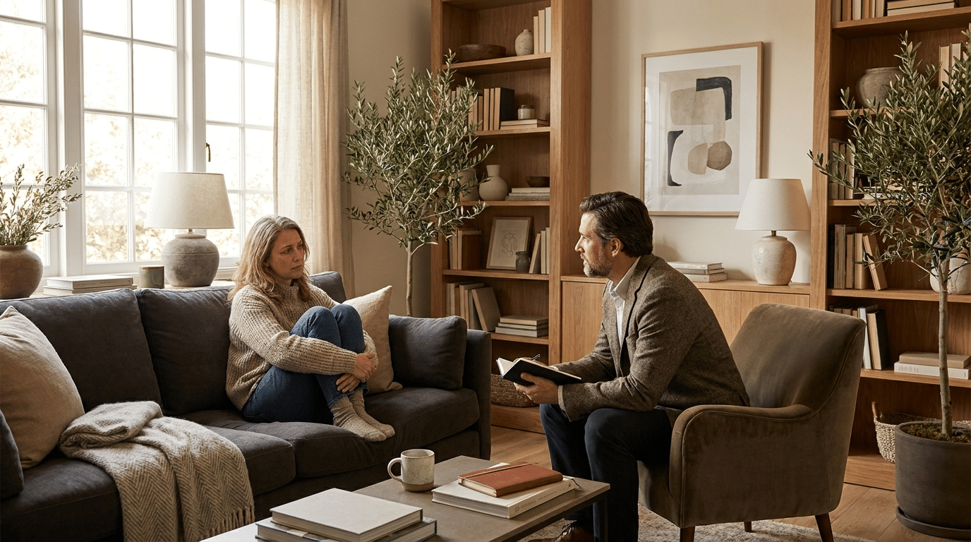 Client speaking with a therapist in a warm, home-like therapy room.