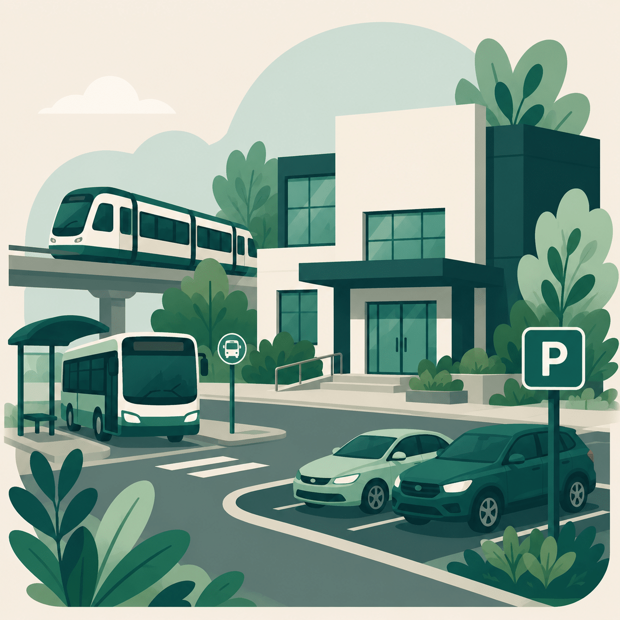 Illustration of the clinic building with the LRT line, a bus stop and on-site parking outside