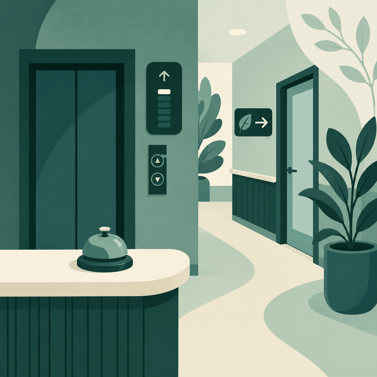 Illustration of the fifth-floor reception area with the elevator and check-in desk